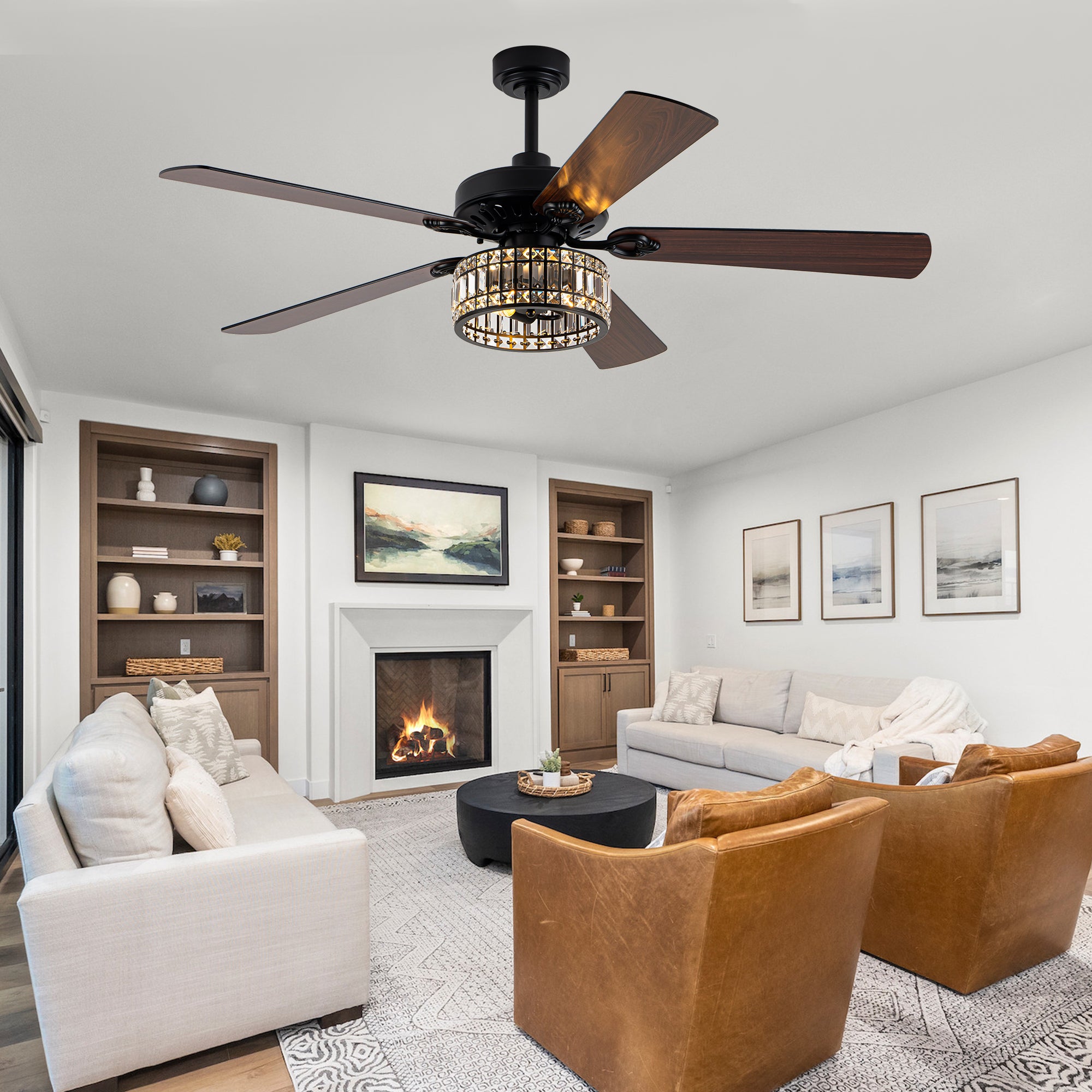 Luxury 60 Inch Crystal Caged Ceiling Fan with Light Reversible Quiet DC Motor and Remote Control Ceiling Fan Wood Blades Ceiling Fan Suit for Bedroom, Living Room, Kitchen