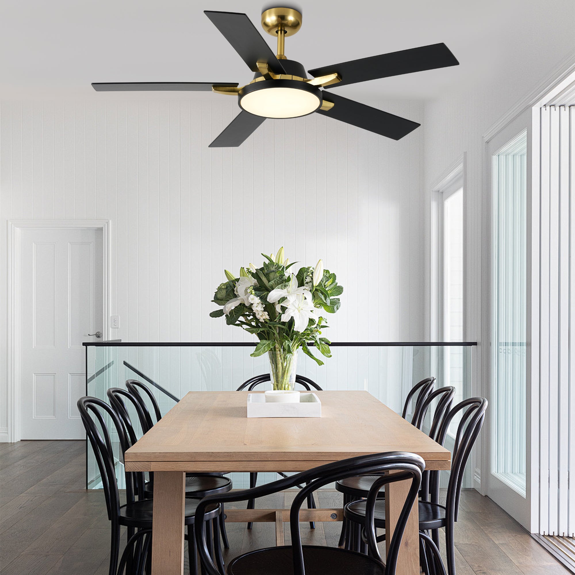 52 Inches Black and Gold Modern Ceiling Fan with LED Lights, 6 Speeds DC Motor Indoor Ceiling Fan for Large Room