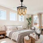 42 Inch Black/Gold/White Boho Retractable Ceiling Fan with Lights and Remote, 6 Speeds DC Motor Bladeless Ceiling Fan with Wood Beaded Shade