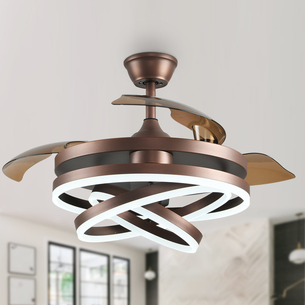 42 Inch Modern Smart Retractable Ceiling Fan with LED Light and Remote, 6 Speeds DC Motor Bladeless Ceiling Fan with DIY Shade