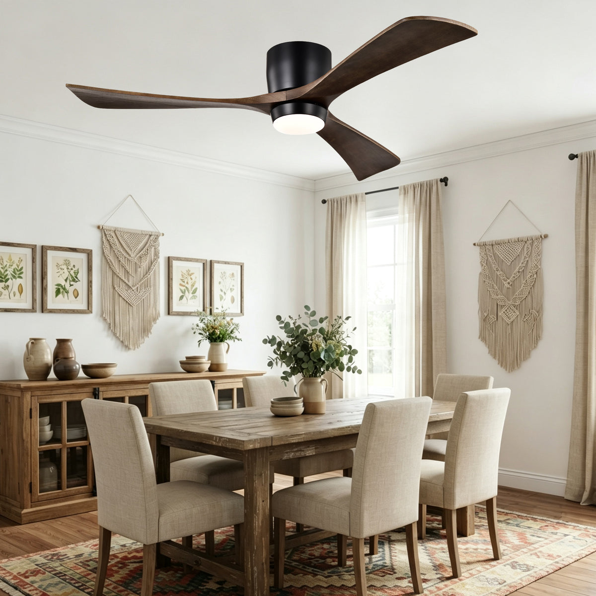 52 Inch Modern Farmhouse Matte Black Flush Mount eiling Fan with Lights & Remote Control, 6 Speed DC Motor Reversible Ceiling Fan