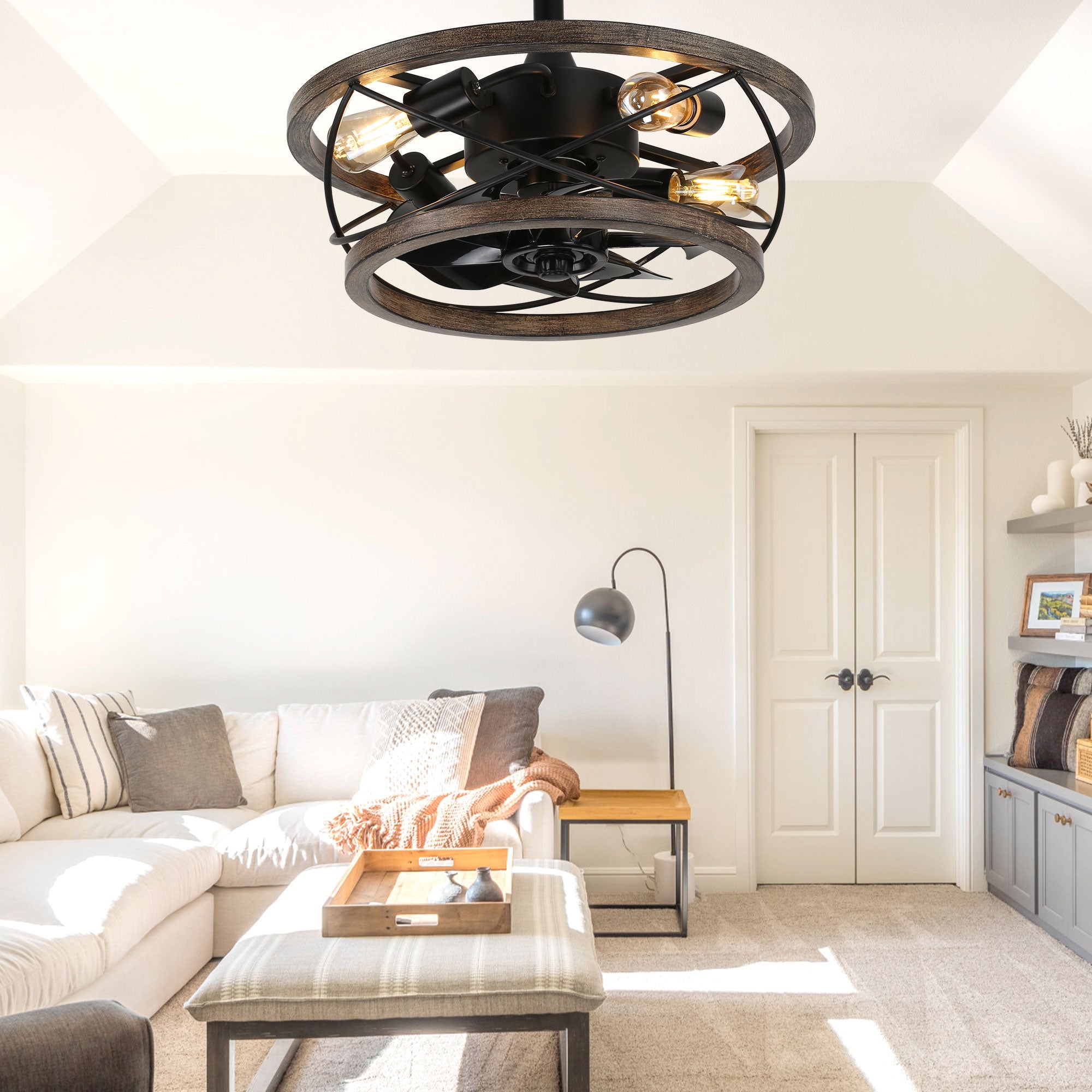 BD1815-BellaDepot 17.7" Industrial Metal Caged Reversible Ceiling Fan with Remote and 4 Lights