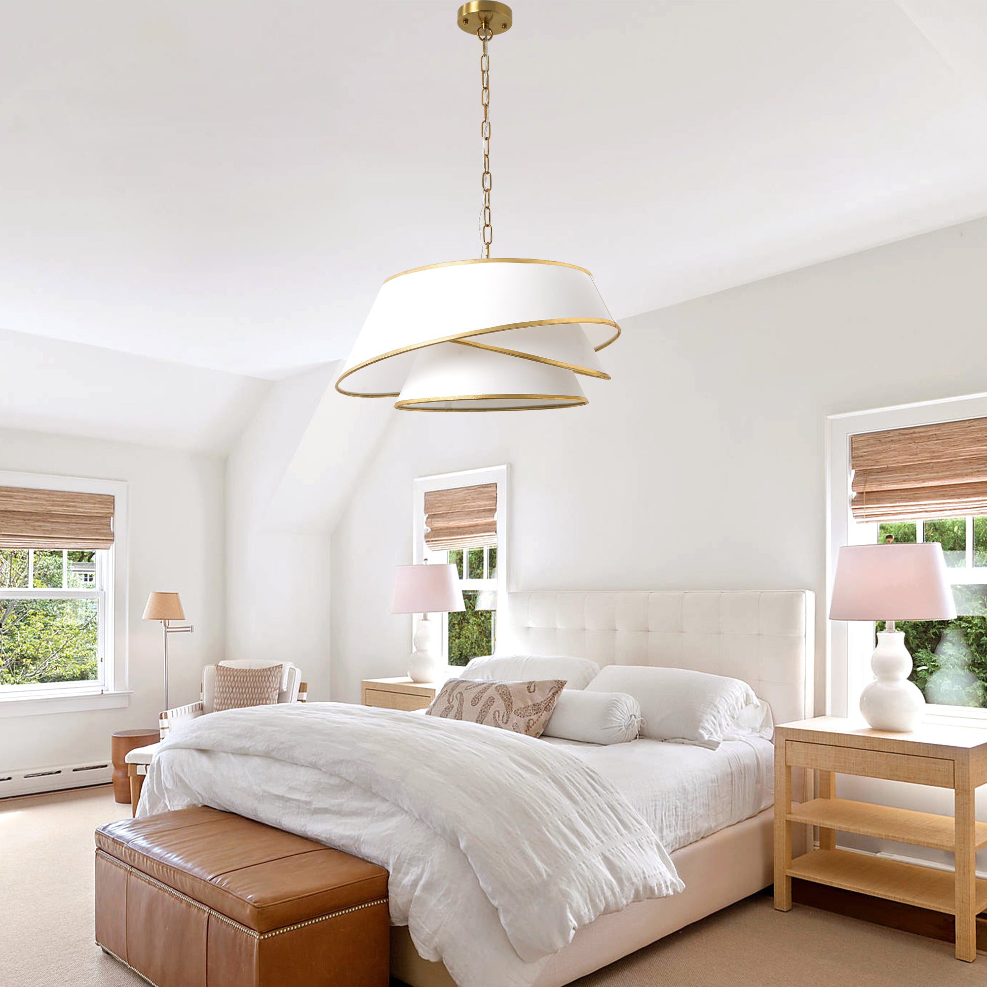 4-Light Mid Century Modern Drum Chandelier, Three-Tier Gold Chandelier with Fabric Shades, Modern Drum Light Fixtures for Dining Room