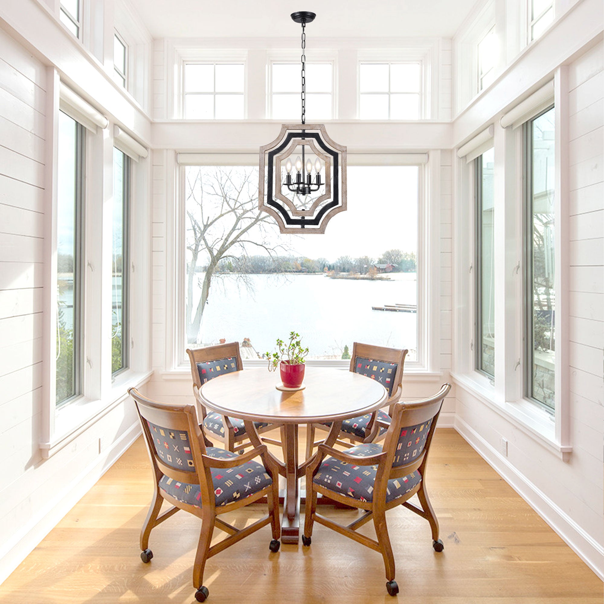 4 - Lights Distressed Wood Chandelier with Adjustable Chain, 16.9" Geometric Chandelier for Entryway with DIY Shade