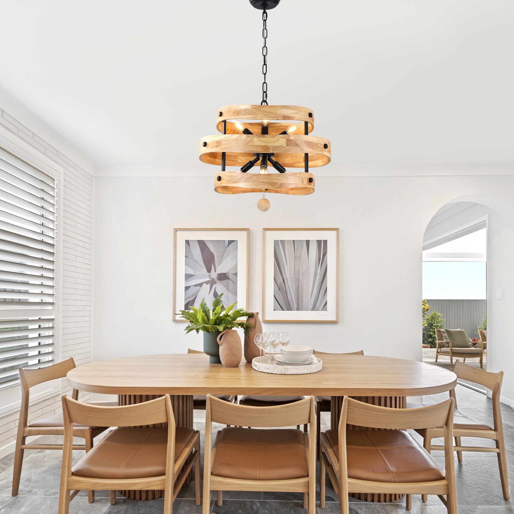 6-Light Farmhouse Weathered Wood Chandelier, 20" 3-Tiered Wooden Chandelier, Rustic Pendant Light for Dining Room