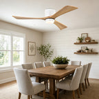 52 Inch Farmhouse Matte White Natural Wood Flush Mount Ceiling Fan with Lights & Remote Control, 6 Speed DC Motor Reversible Ceiling Fan