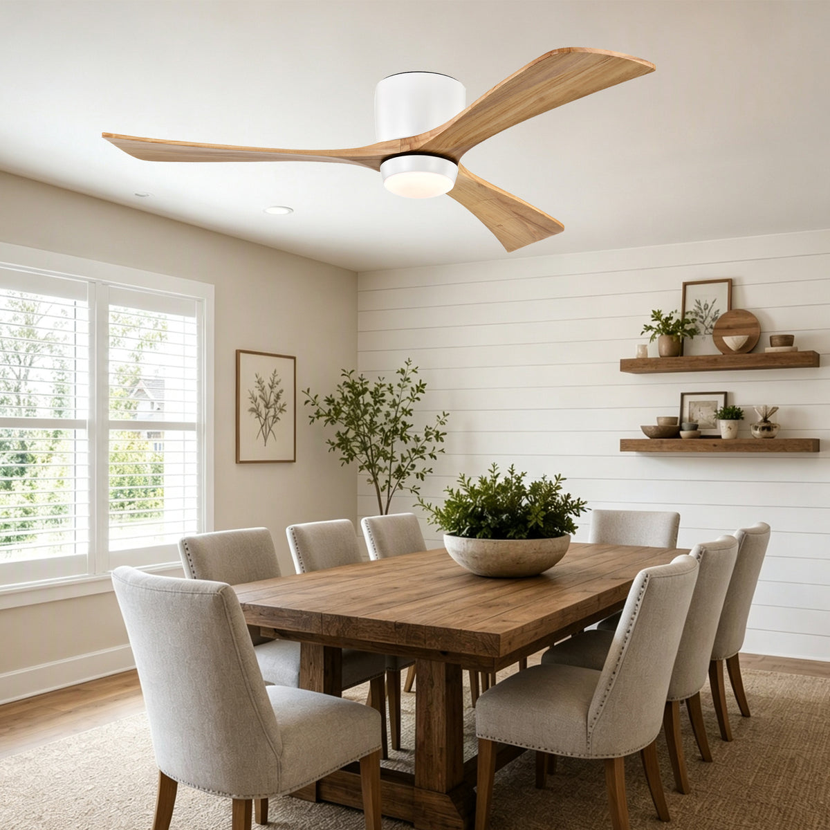 52 Inch Farmhouse Matte White Natural Wood Flush Mount Ceiling Fan with Lights & Remote Control, 6 Speed DC Motor Reversible Ceiling Fan