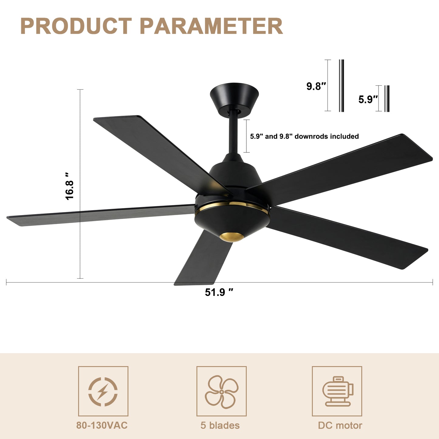HWJ5219-52" 5 Wooden Blades Modern Reversible Ceiling Fan with Remote and LED Lights, Large Size 6-speed Ceiling Fan