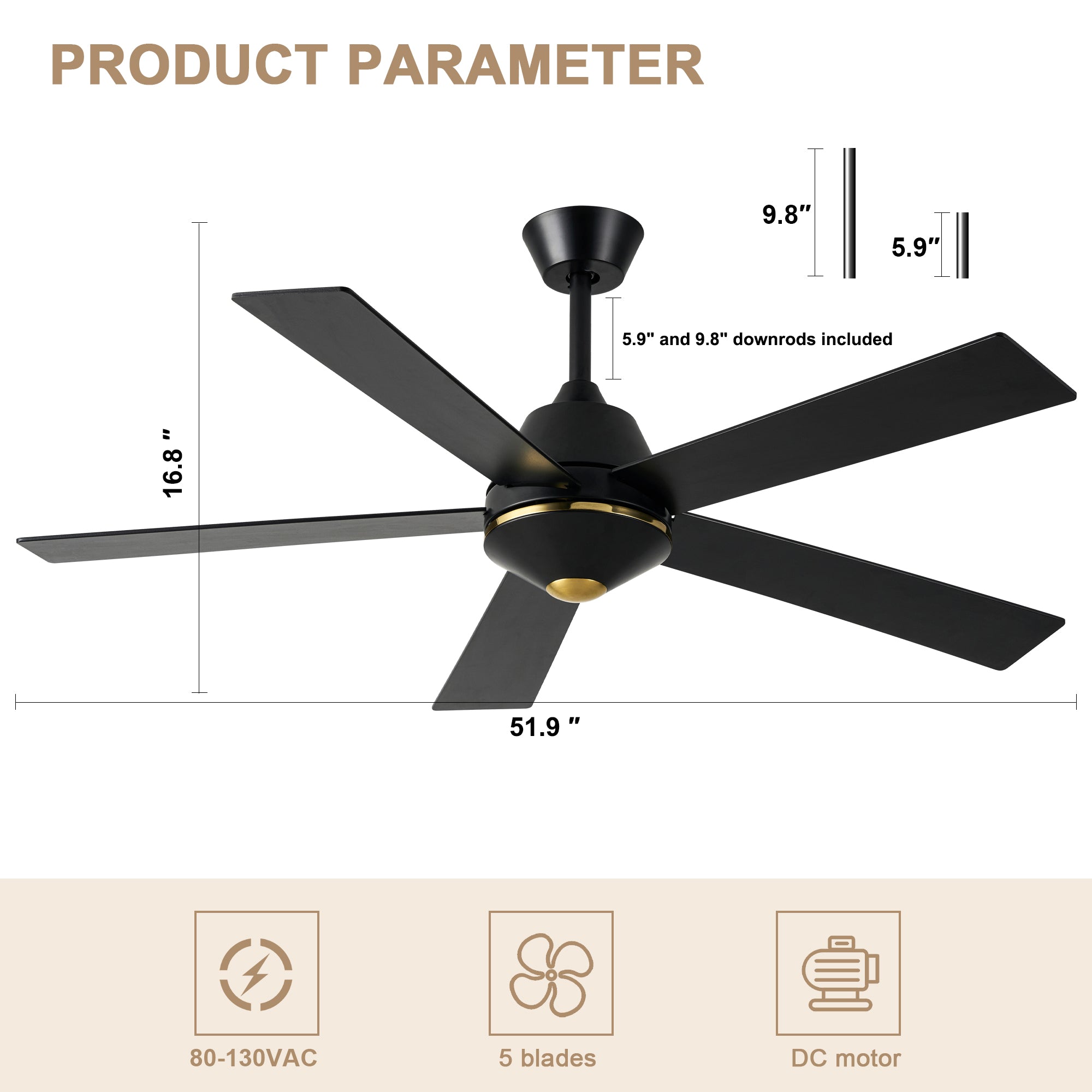 52 Inch Black Modern Ceiling Fan with Remote Control, 6 Speeds DC Motor 5-Blade Reversible Ceiling Fan for Living Room