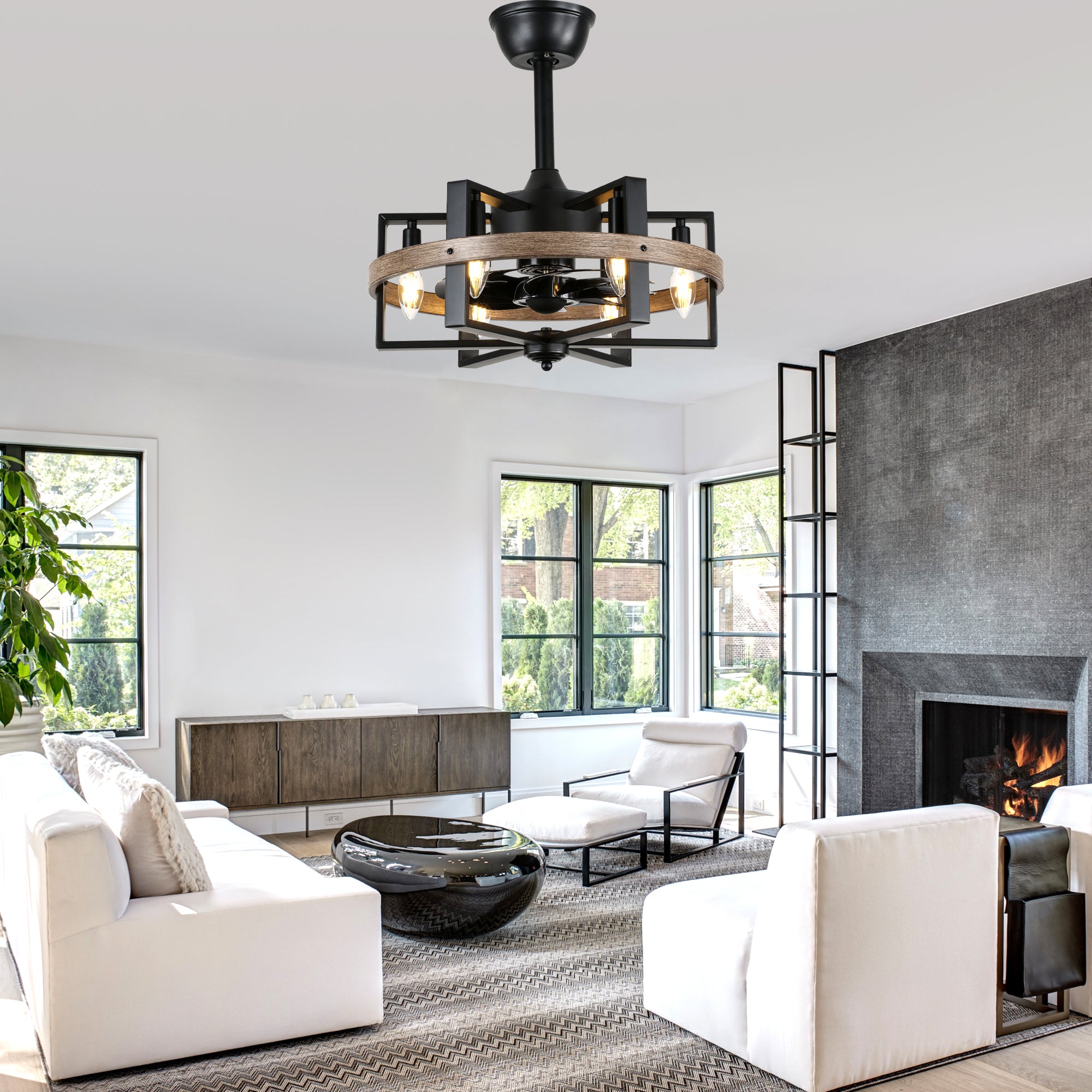 BD1811-BR-BellaDepot 18.5" Industrial Wood Grain Reversible Caged Ceiling Fan with Remote and 6 Lights