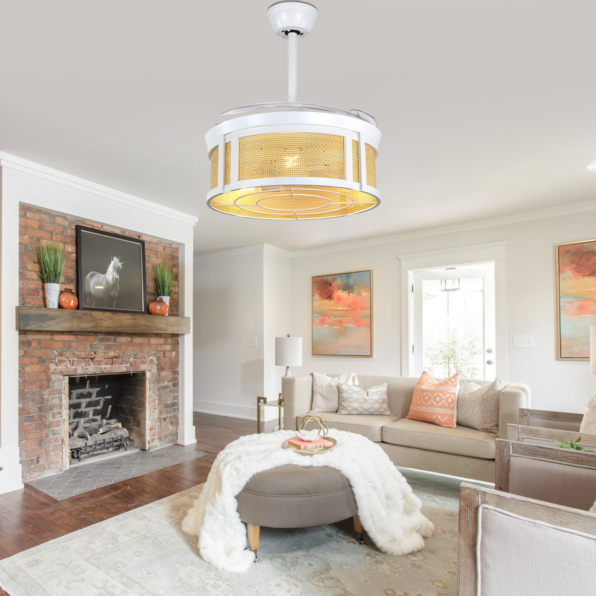 42 Inch White Rattan Retractable Ceiling Fan with Lights and Remote, 6 Speeds DC Motor Bladeless Fandelier Ceiling Fan for Bedroom