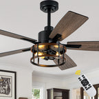 52 Inch Black Farmhouse Ceiling Fan with Lights and Remote Control,6 Speeds Dual-Finish Blades Caged Ceiling Fan