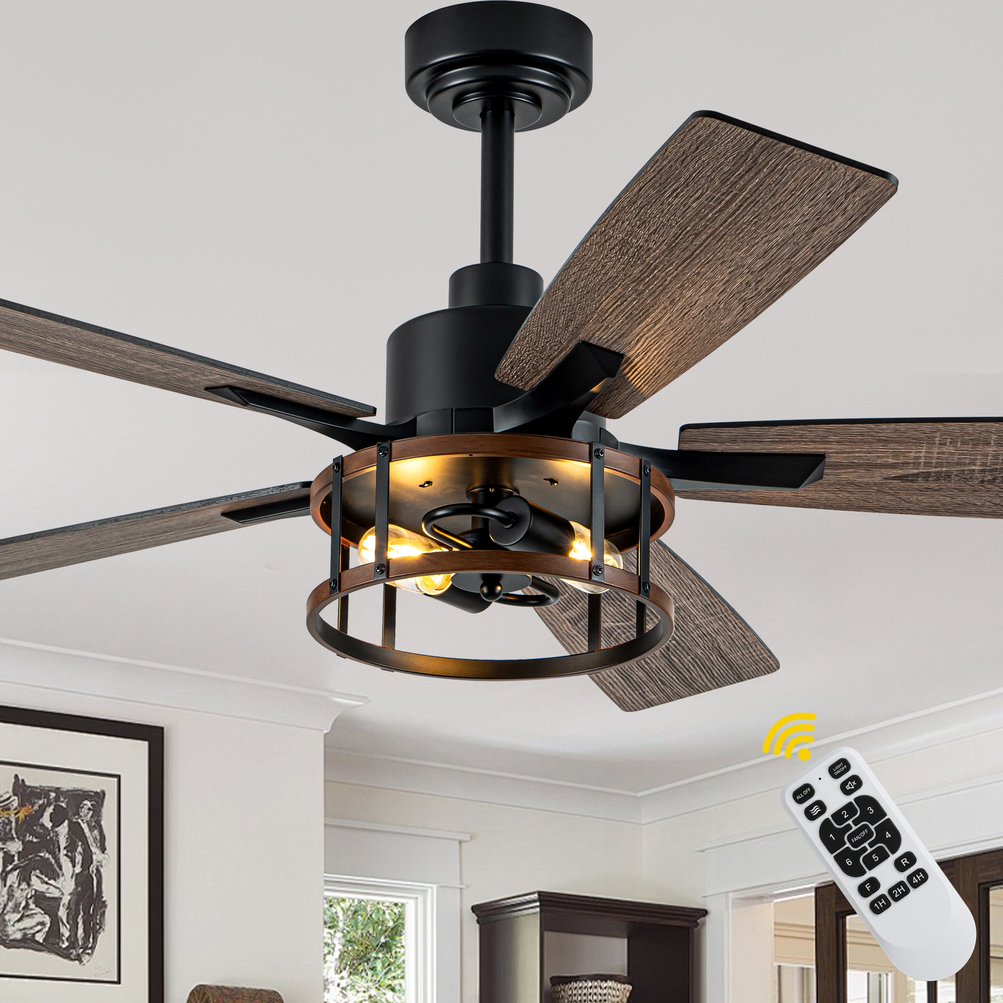 52 Inch Black Farmhouse Ceiling Fan with Lights and Remote Control,6 Speeds Dual-Finish Blades Caged Ceiling Fan