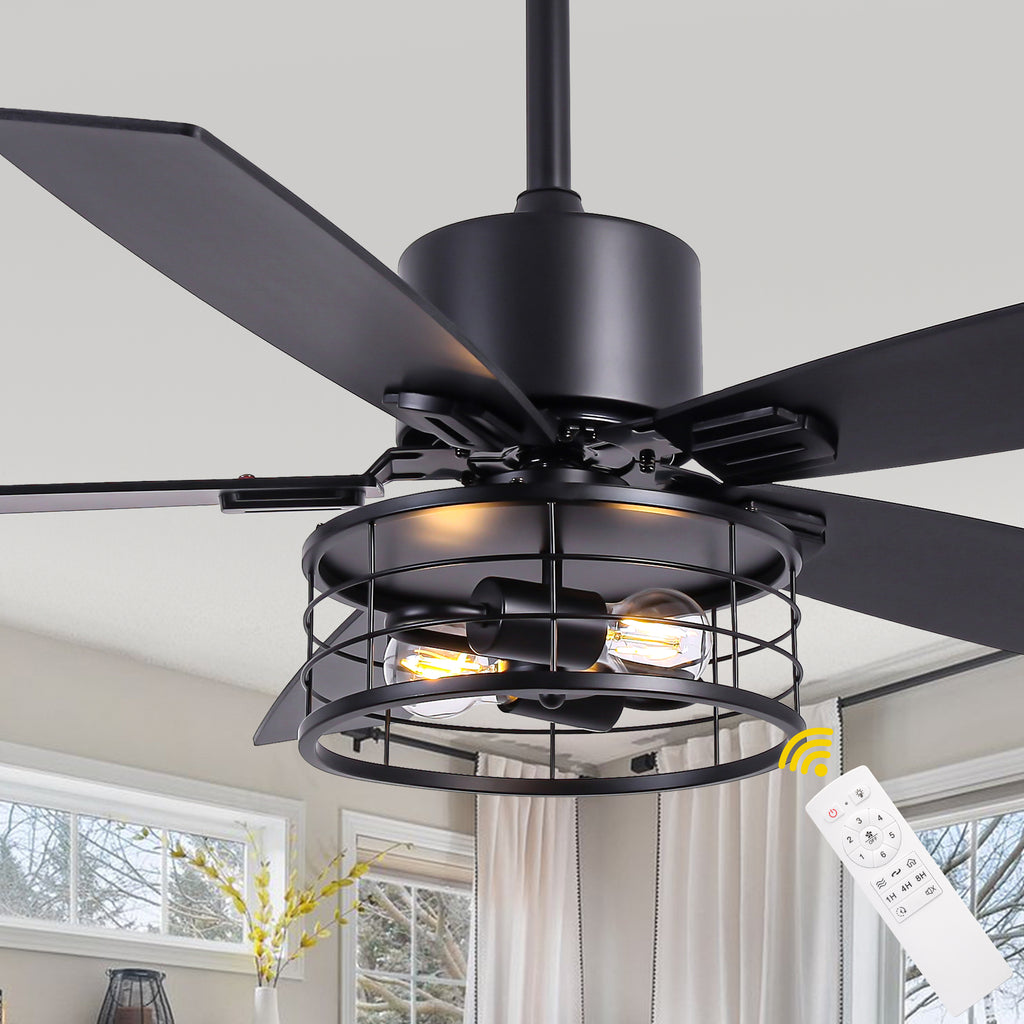 46 Inch 5-Blade Black Industrial Ceiling Fan with Lights and Remote Control, 6 Speeds DC Motor Caged Ceiling Fan for Living Room