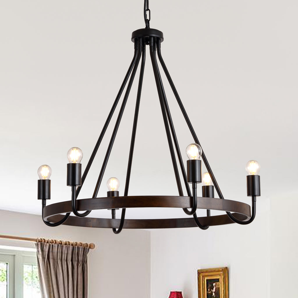 6 - Light Black Farmhouse Small Wagon Wheel Chandelier, 28" Round Chandelier Foyer Chandeliers with Height Adjustable