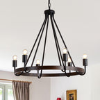 6 - Light Black Farmhouse Small Wagon Wheel Chandelier, 28" Round Chandelier Foyer Chandeliers with Height Adjustable