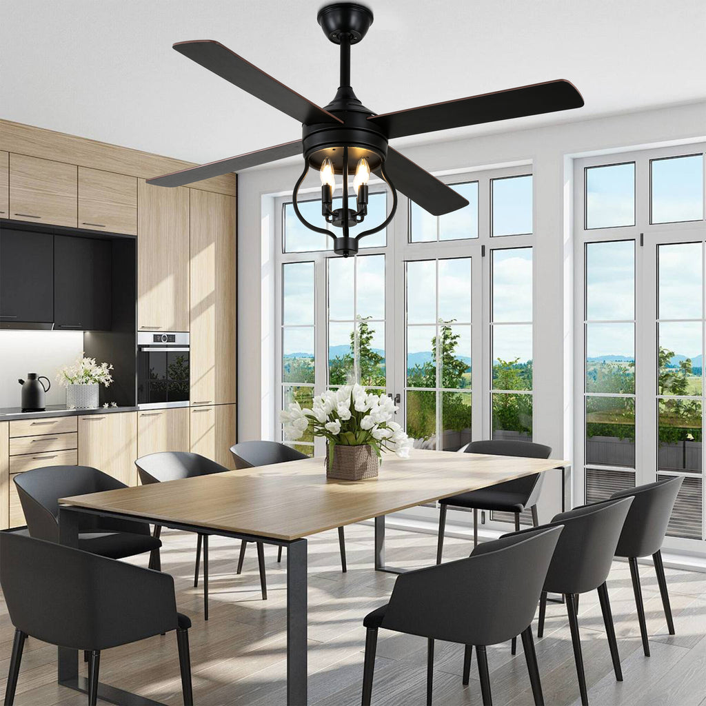 48 Inch Black Classic Ceiling Fan with Lights and Remote Control, 6 Speeds 4-Blade DC Motor Reversible Ceiling Fan for Living Room