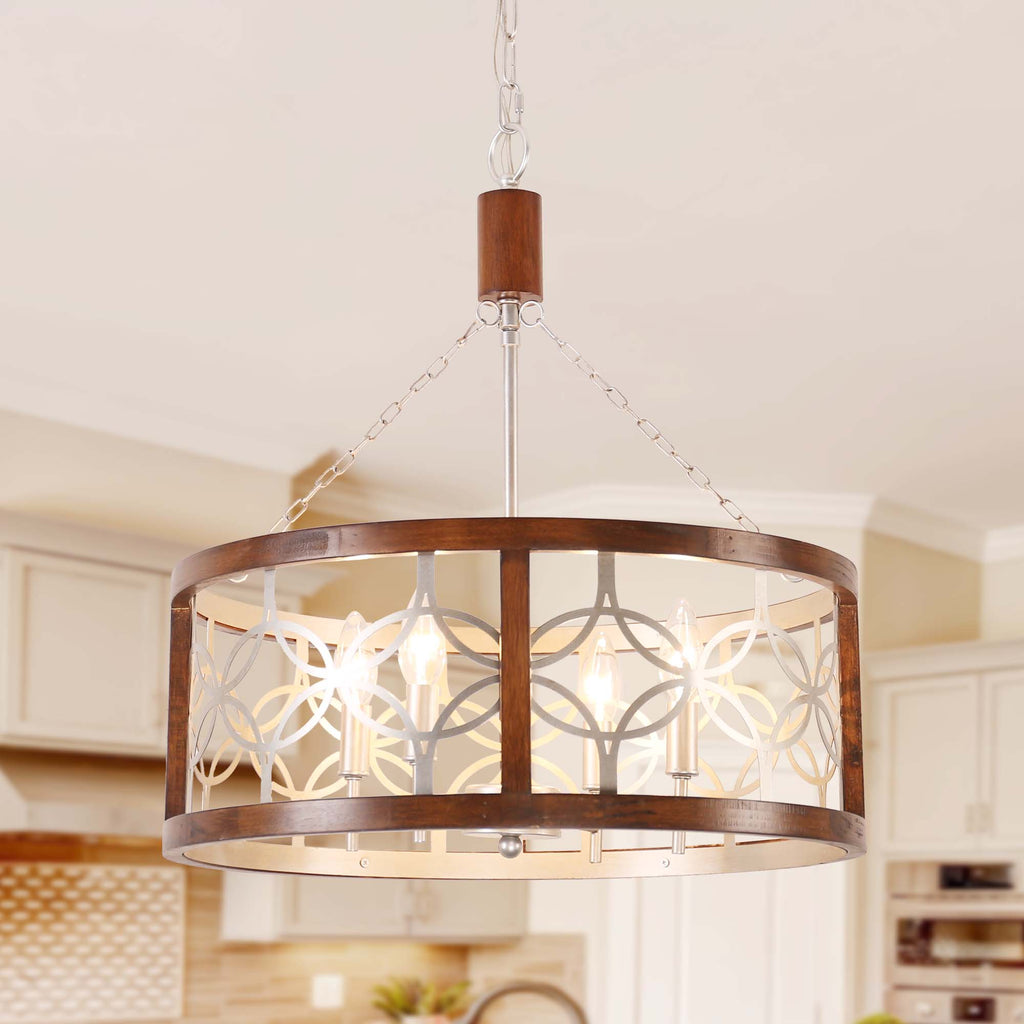 4-Light Solid Wood Farmhouse Drum Chandelier, Rustic Caged Pendant Light, 19.7" Dining Room Chandelier, Kitchen Island Ceiling Lighting