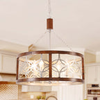 4-Light Solid Wood Farmhouse Drum Chandelier, Rustic Caged Pendant Light, 19.7" Dining Room Chandelier, Kitchen Island Ceiling Lighting