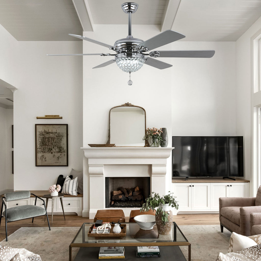65 Inch Black/Chrome Modern Glam Crystal Ceiling Fan with Dimmable LED Light and Remote, 6 Speeds DC Motor Ceiling Fan with Crystals