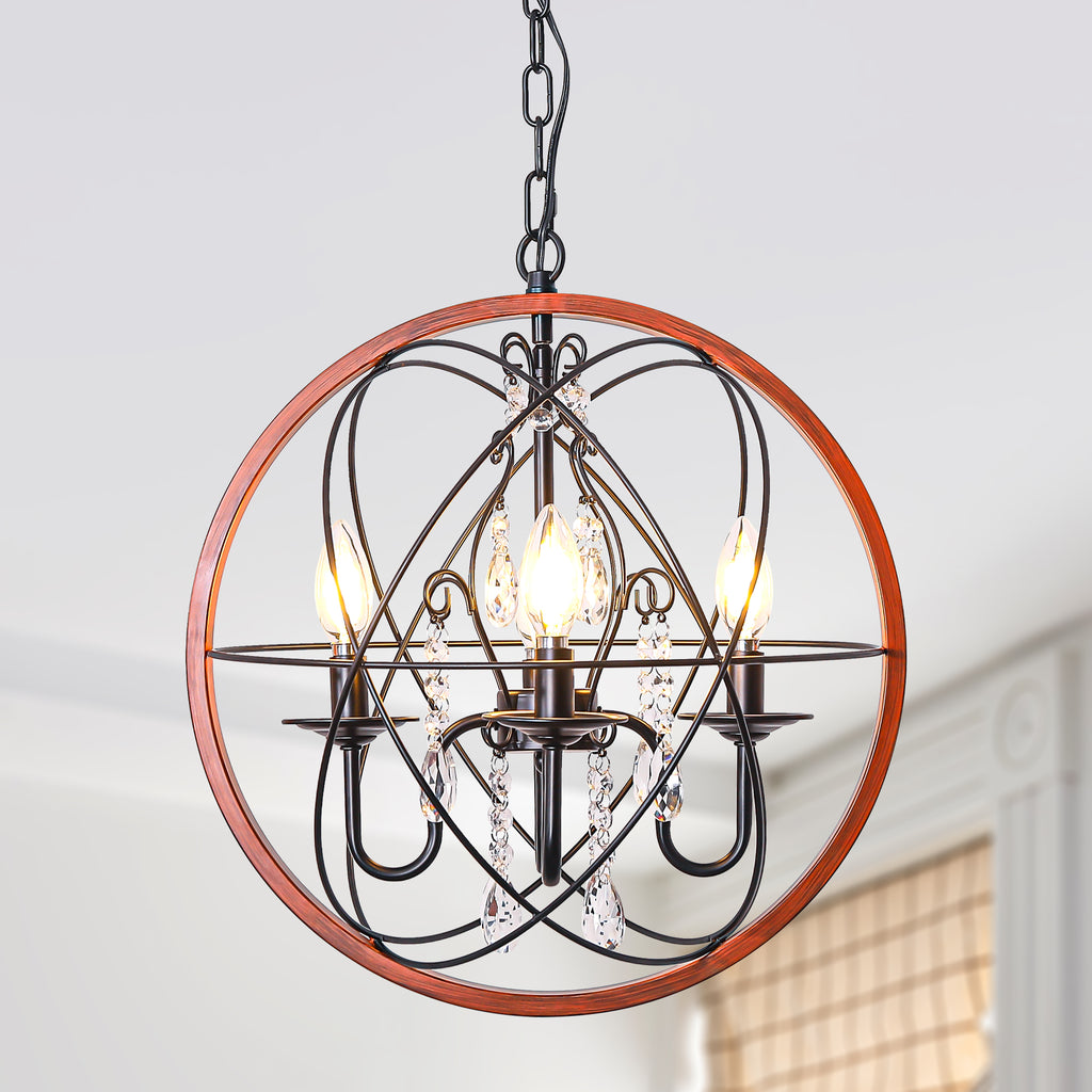 4-Light Crystal Sphere Chandelier, 16.5" Orb Globe Chandelier with Wood Grain Ring, Modern Crystal Chandeliers for Entryway