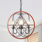 4-Light Crystal Sphere Chandelier, 16.5" Orb Globe Chandelier with Wood Grain Ring, Modern Crystal Chandeliers for Entryway