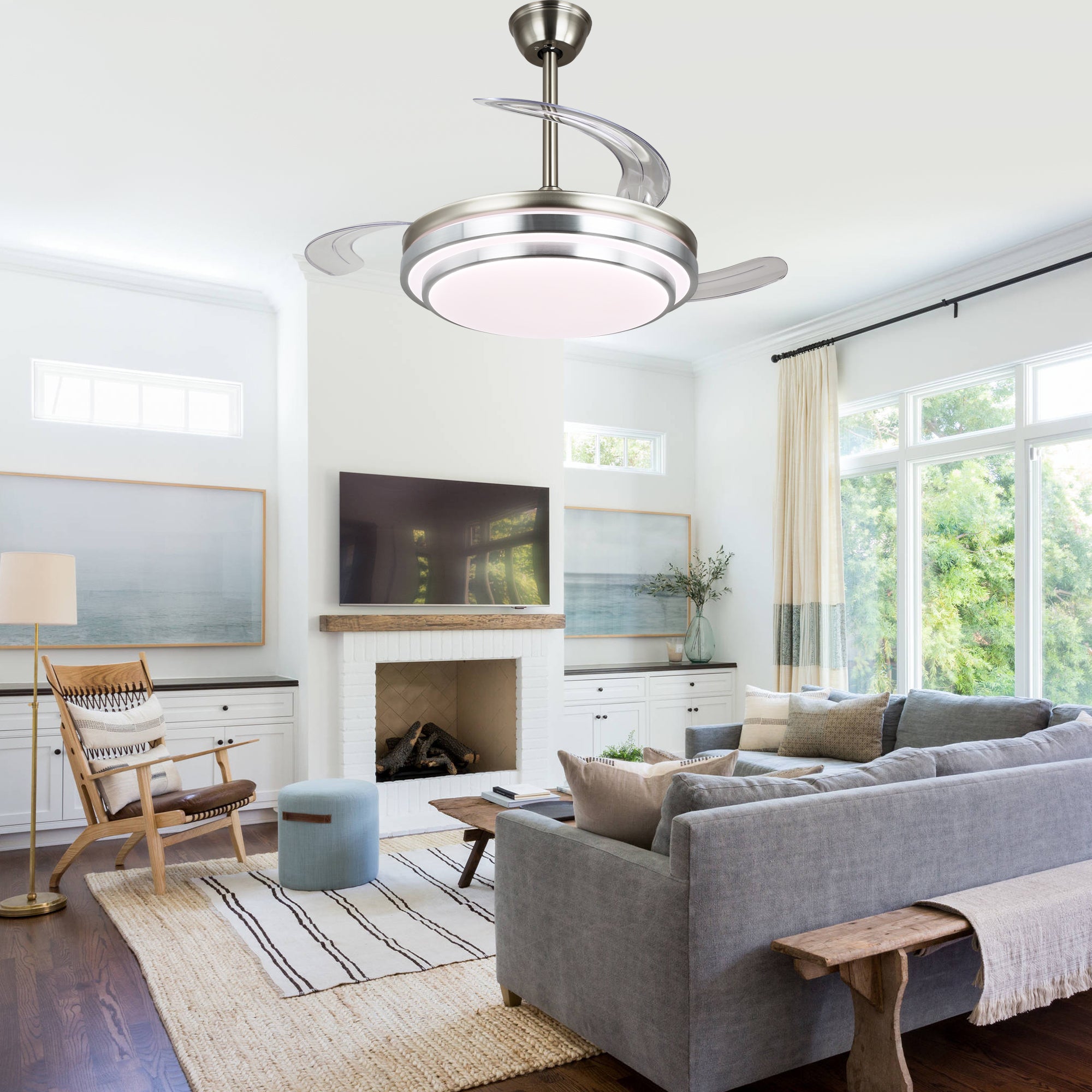 42 Inch Chrome Modern Retractable Ceiling Fan with Dimmable LED Light and Remote, 6 Speeds DC Motor Reversible Fandelier Ceiling Fan