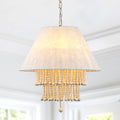 3 - Lights Bohemian Drum Chandelier with Wood Beaded Shade, Fabric Chandelier for Dining Room Living Room