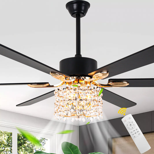 BellaDepot 65" Luxury Crystal Shape Flower Caged Ceiling Fan with Remote Control and 3 Lights, Black or Silver Silent Straight Leaf Fan for All Seasons - DC6510-B/C