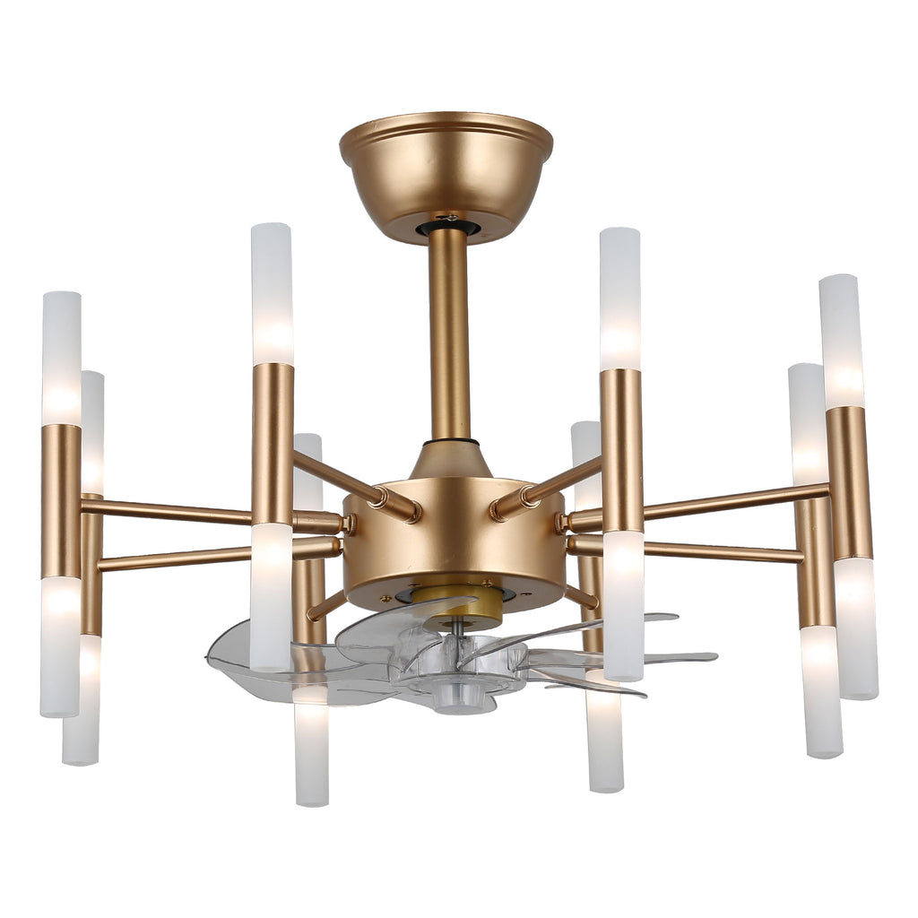 23 Inch Gold Modern Bladeless Ceiling Fan with Dimmable Lights and Remote Control, 6 Speeds DC Motor Fandelier Ceiling Fan for Bedroom