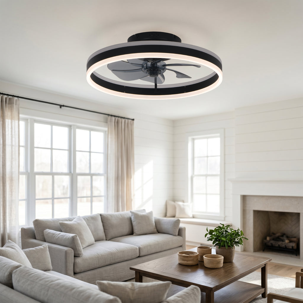 20 Inch Modern Smart Flush Mount Ceiling Fan with Dimmable LED Light and Remote, 6 Speeds DC Motor Reversible Bladeless Celing Fan for Bedroom