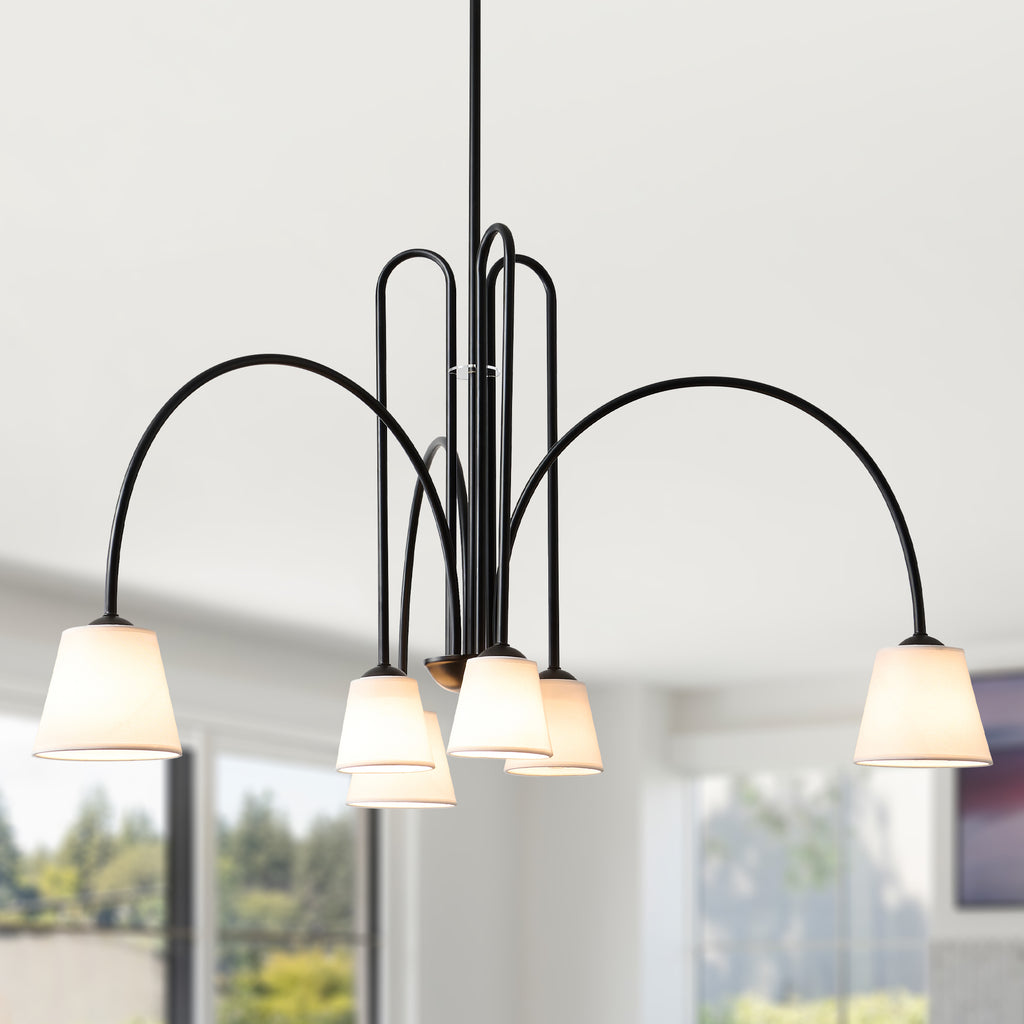 6-Light Black Modern Chandelier with White Fabric Shades, Linear Sputnik Dining Room Chandelier, Modern Farmhouse Ceiling Light Fixture