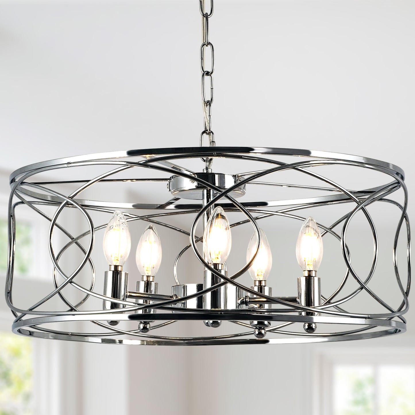 FC4078-Black/Silver Simple Linear Metal Caged Chandelier, Geometric Pendant Light, with Light Kit and Adjustable Chain