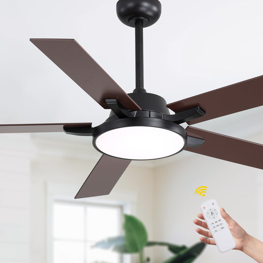 HWJ5220/5221/5222-52" 5 Wooden Blades Industrial Caged Reversible Ceiling Fan with Remote and LED Lights, Large Size 6-speed Ceiling Fan
