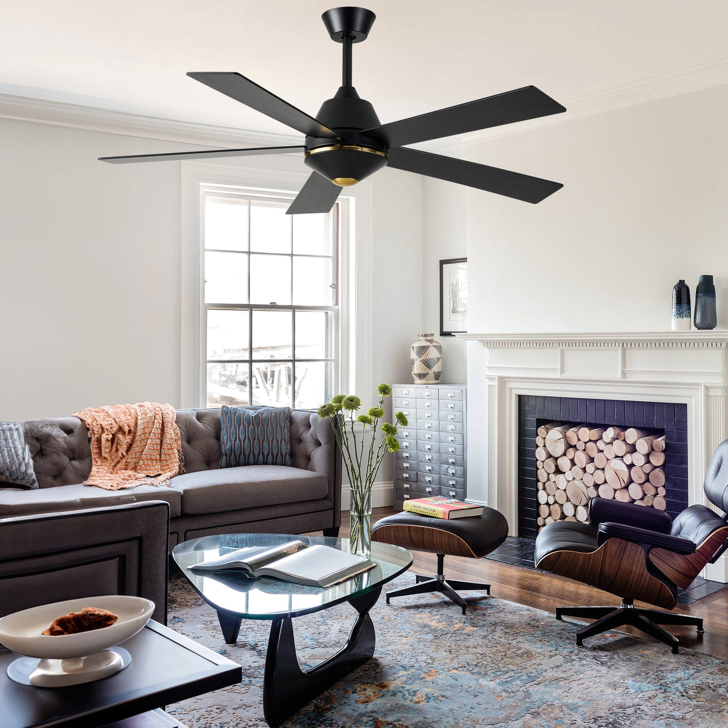 HWJ5219-52" 5 Wooden Blades Modern Reversible Ceiling Fan with Remote and LED Lights, Large Size 6-speed Ceiling Fan