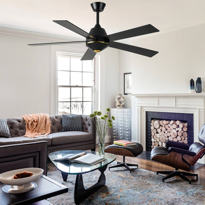 HWJ5219-52" 5 Wooden Blades Modern Reversible Ceiling Fan with Remote and LED Lights, Large Size 6-speed Ceiling Fan