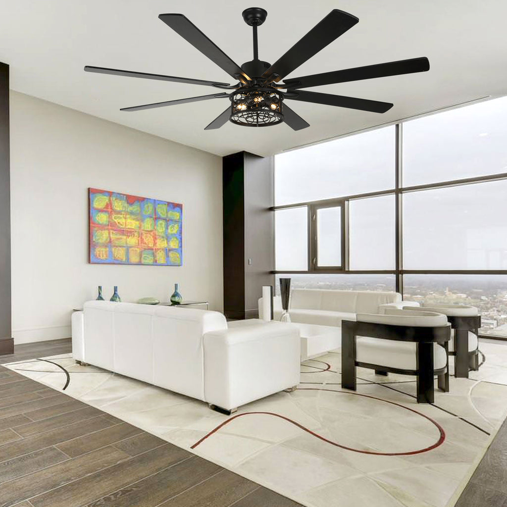72 Inch 8-Blade Black/White Farmhouse Ceiling Fan with Lights and Remote, 6 Speeds DC Motor Reversible Extra Large Caged Ceiling Fan