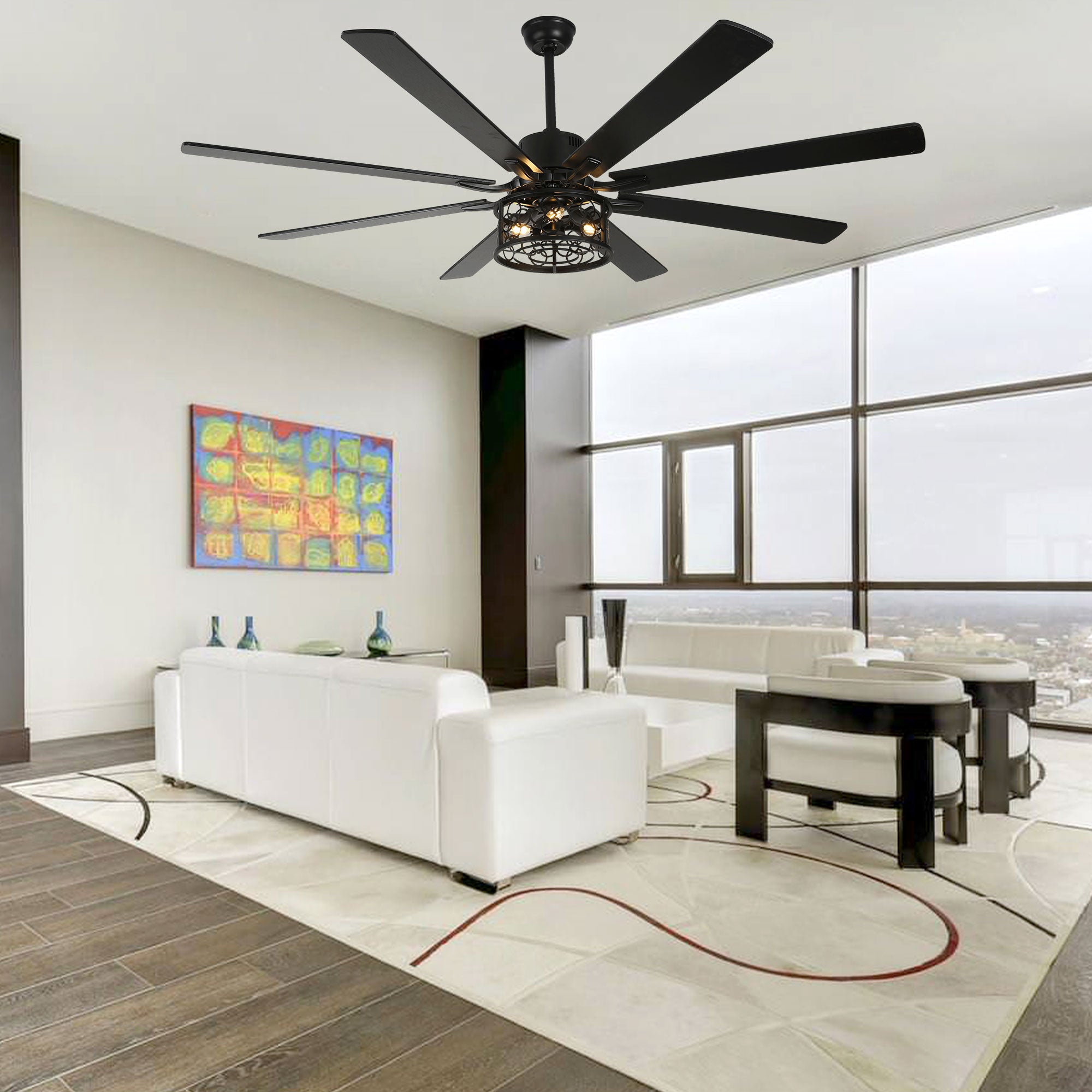 72 Inch 8-Blade Black/White Farmhouse Ceiling Fan with Lights and Remote, 6 Speeds DC Motor Reversible Extra Large Caged Ceiling Fan