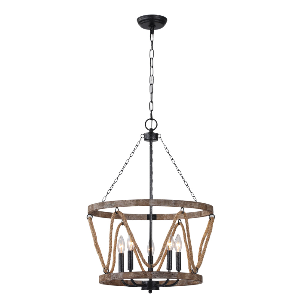Farmhouse 20 Inch Hemp Rope Hanging Chain Chandelier Metal Wooden Hollow Out Caged Chandeliers Retro Versatile Adjustable Hanging Chain Chandelier Suit for Living Room, Kitchen, Bedroom
