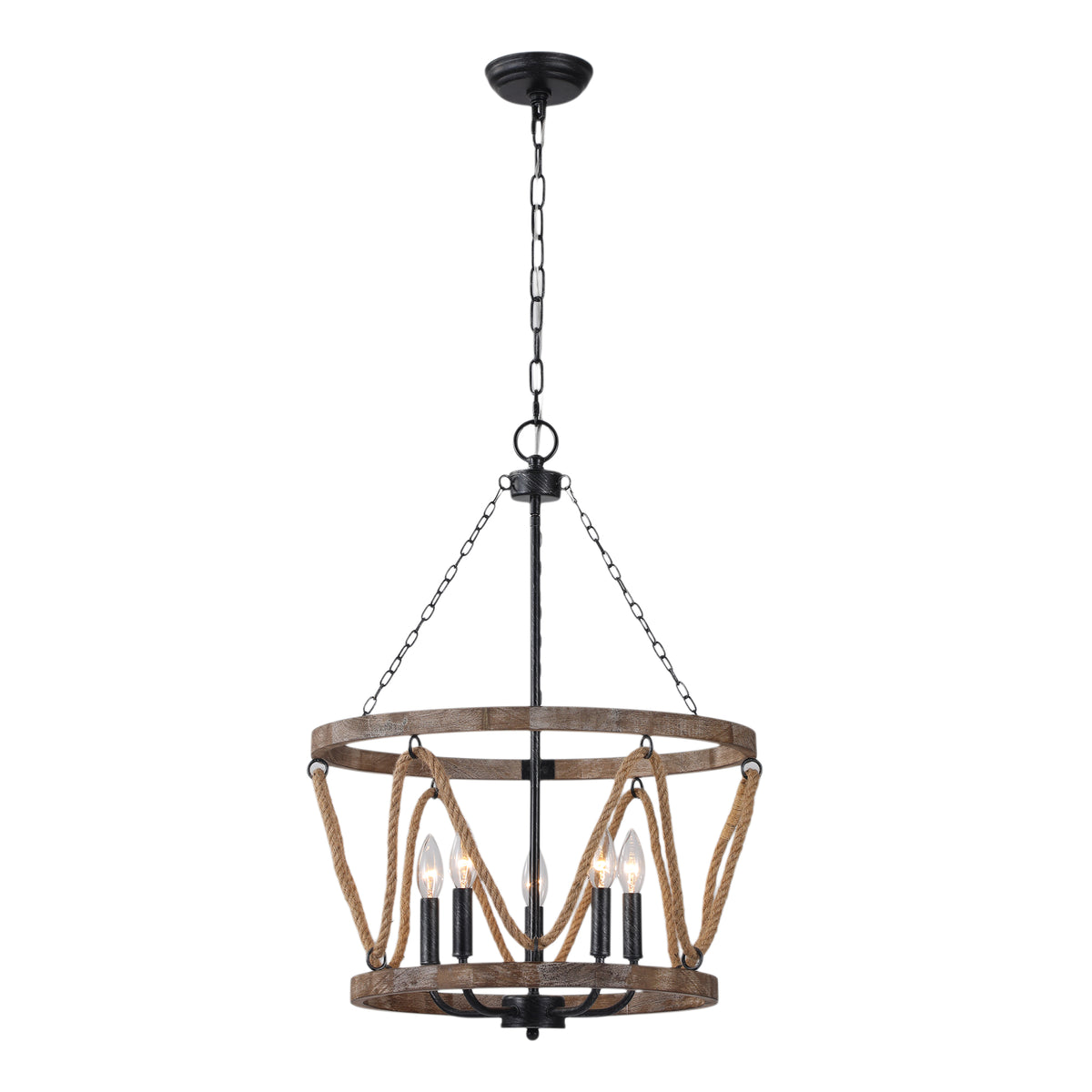 Farmhouse 20 Inch Hemp Rope Hanging Chain Chandelier Metal Wooden Hollow Out Caged Chandeliers Retro Versatile Adjustable Hanging Chain Chandelier Suit for Living Room, Kitchen, Bedroom
