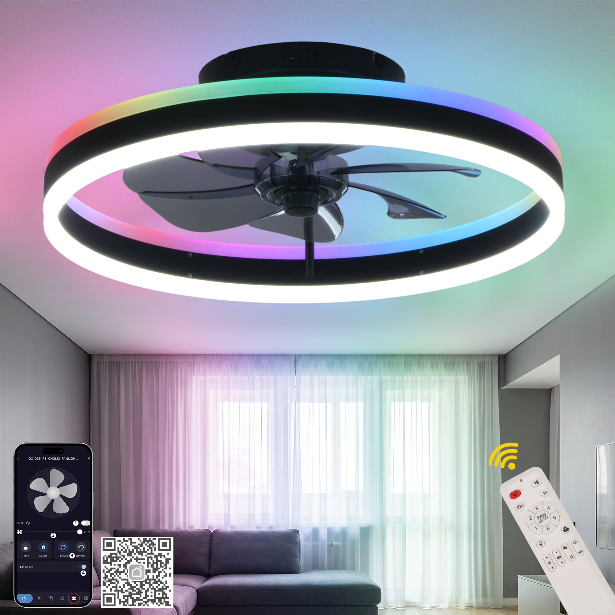 20 Inch Modern Smart Flush Mount Ceiling Fan with Dimmable LED Light and Remote, 6 Speeds DC Motor Reversible Bladeless Celing Fan for Bedroom