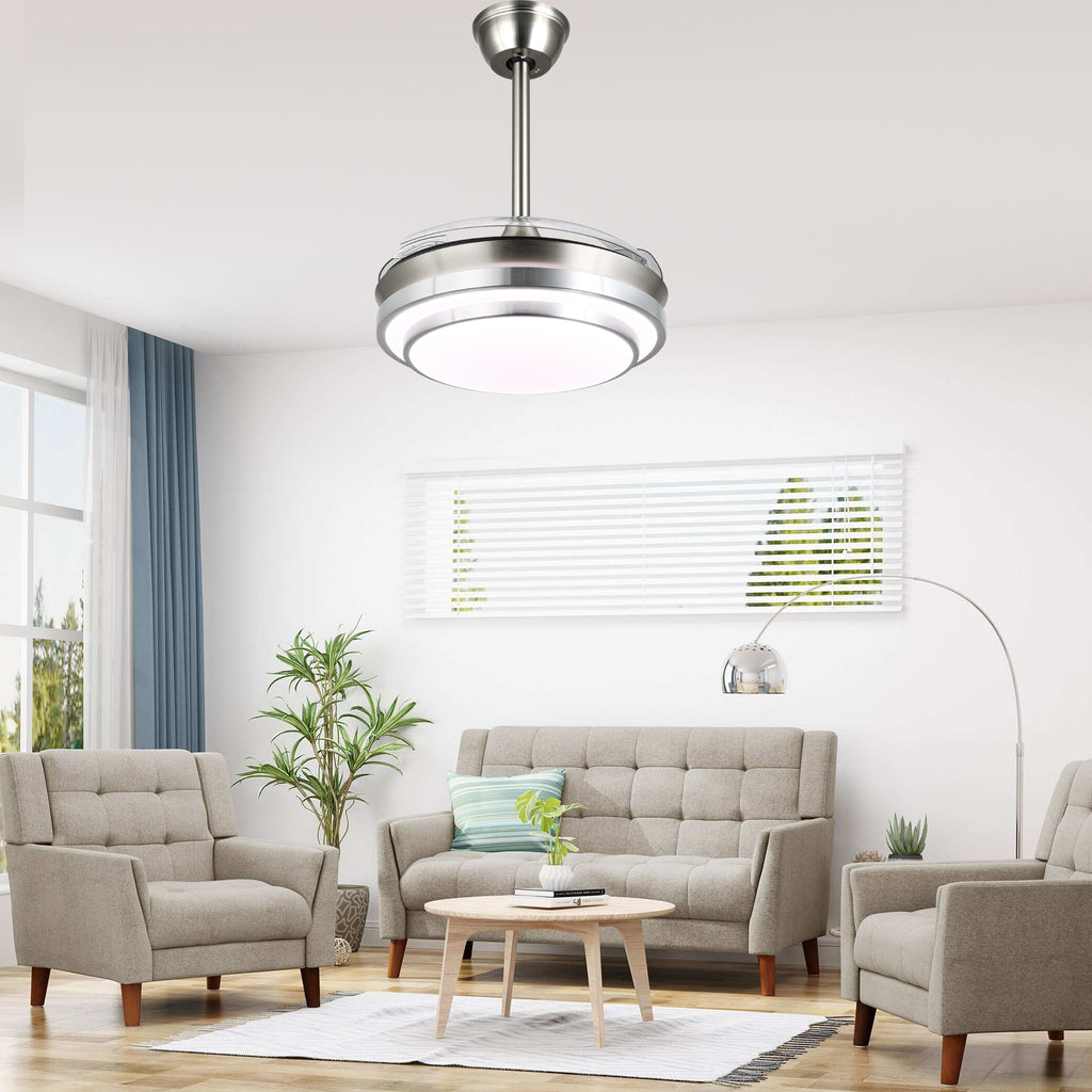 36 Inch Chrome Modern Retractable Ceiling Fan with LED Light and Remote, 6 Speeds DC Motor Bladeless Fandelier Ceiling Fan