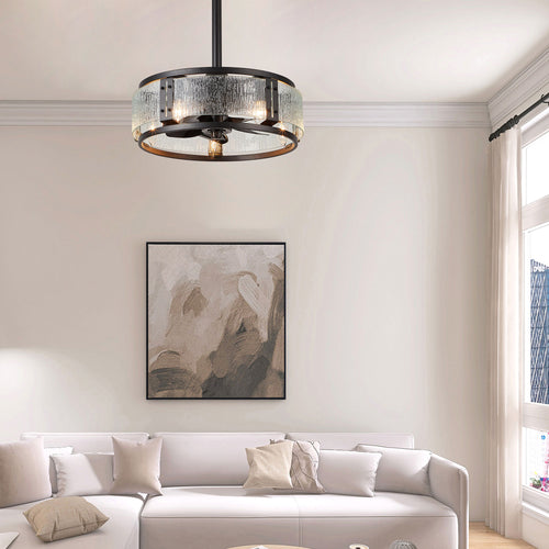 18 Inch Farmhouse Drum Glass Caged Ceiling Fan with Lights and Remote, 6 Speeds Reversible Bladeless Ceiling Fan for Bedroom