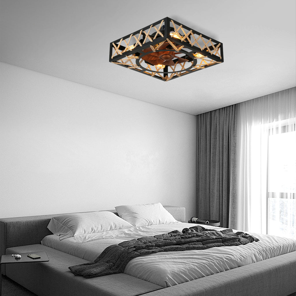 18 Inch Rectangular Industrial Farmhouse Flush Mount Ceiling Fan with Lights and Remote Control, 6 Speeds DC Motor Bladeless Ceiling Fan