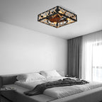 18 Inch Rectangular Industrial Farmhouse Flush Mount Ceiling Fan with Lights and Remote Control, 6 Speeds DC Motor Bladeless Ceiling Fan