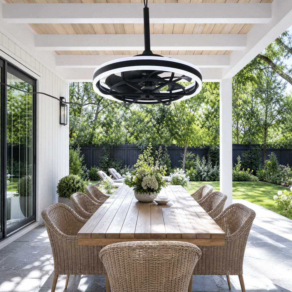 20 Inch Modern Smart Outdoor Caged Ceiling Fan with Dimmable LED Light, DC Motor 6 Speeds Waterproof Plug In Ceiling Fan
