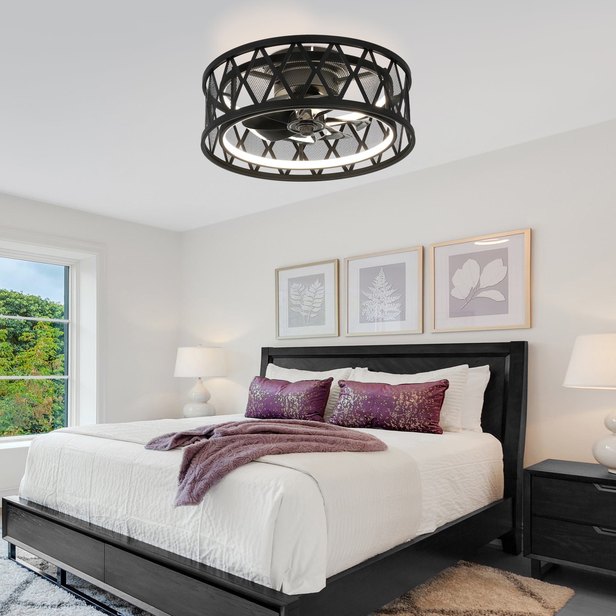 19 Inch Black Industrial Flush Mount Ceiling Fan with Dimmable LED Light, 6 Speed Reversible DC Motor, Low Profile Bladeless Ceiling Fan with Remote and APP Control