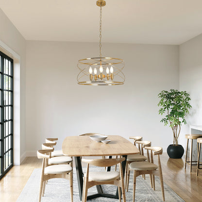 FC4089-Golden Modern Urban Linear Metal Caged Chandelier, Geometric Pendant Light, with Light Kit and Adjustable Chain