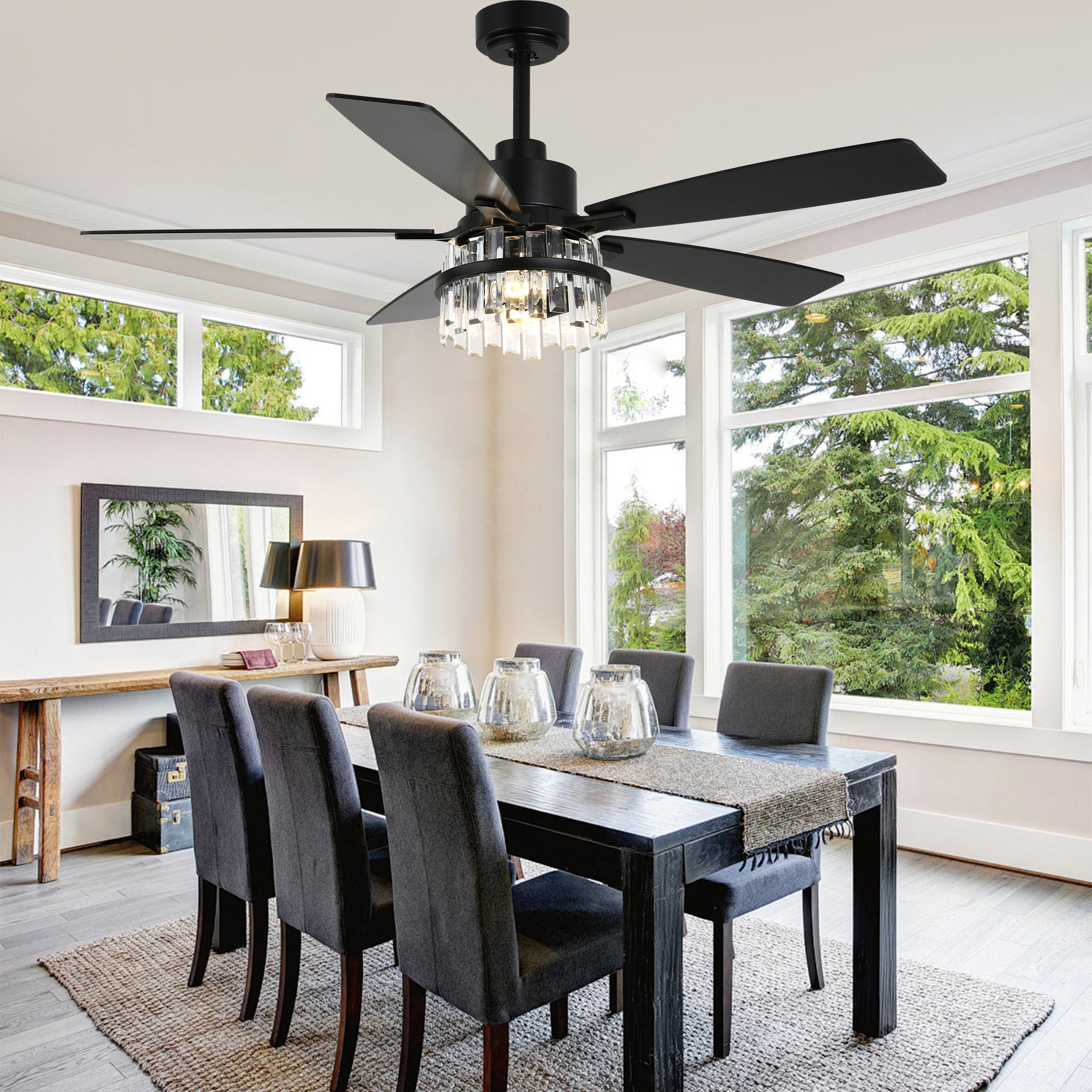 52 Inch Modern Glam Crystal Ceiling Fan with Light and Remote, 6-Speed Reversible DC Motor Large Ceiling Fan for Living Room