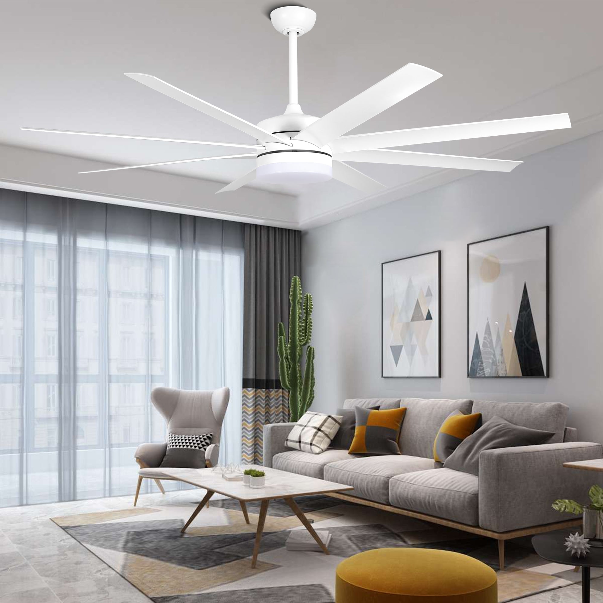 DC6505GED-BellaDepot 65" 8 Blades Simple Modern Reversible Ceiling Fan with Remote and LED Light Kit Included, 6-speed Dimmable Ceiling Fan